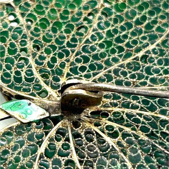 Vintage Art Deco Spider Brooch Green Leaf Flower 800 Silver Gold-tone Wash - Picture 10 of 16
